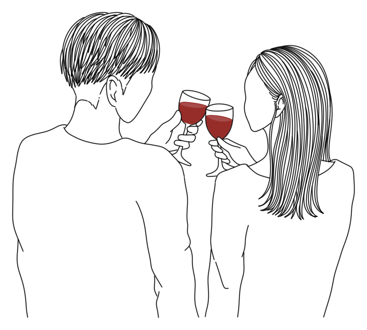 ワインを片手に乾杯する大人ふたりの線画イラスト