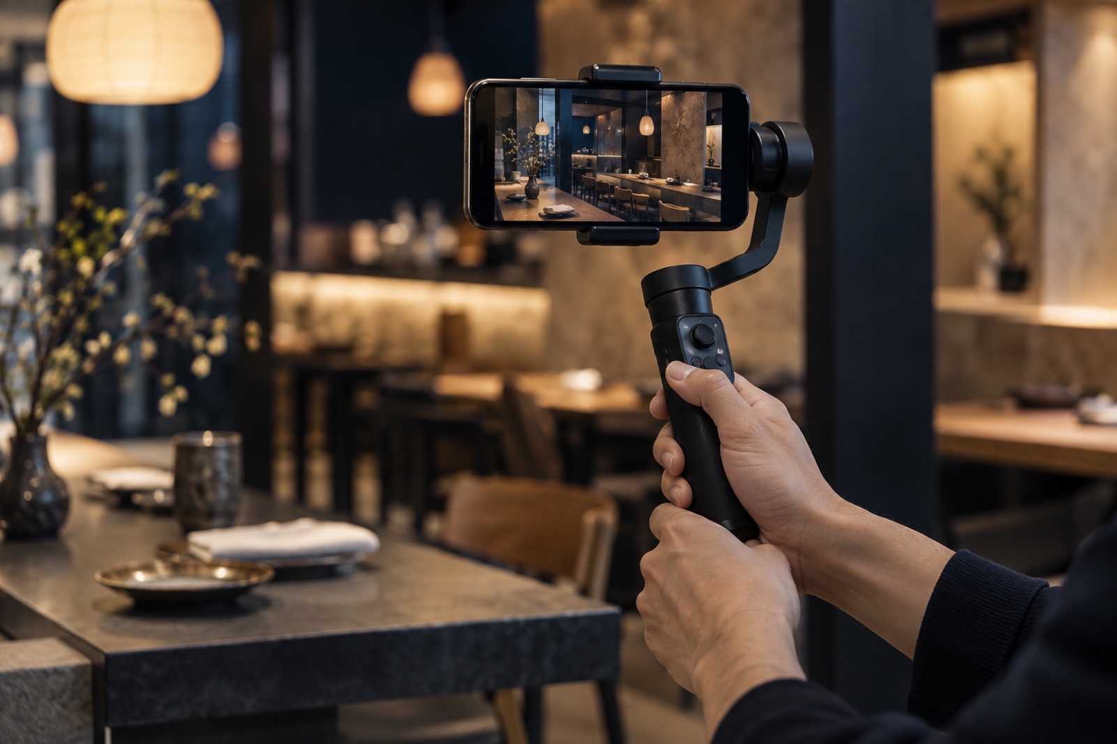 ジンバルに装着したスマートフォンで店内を撮影する手元