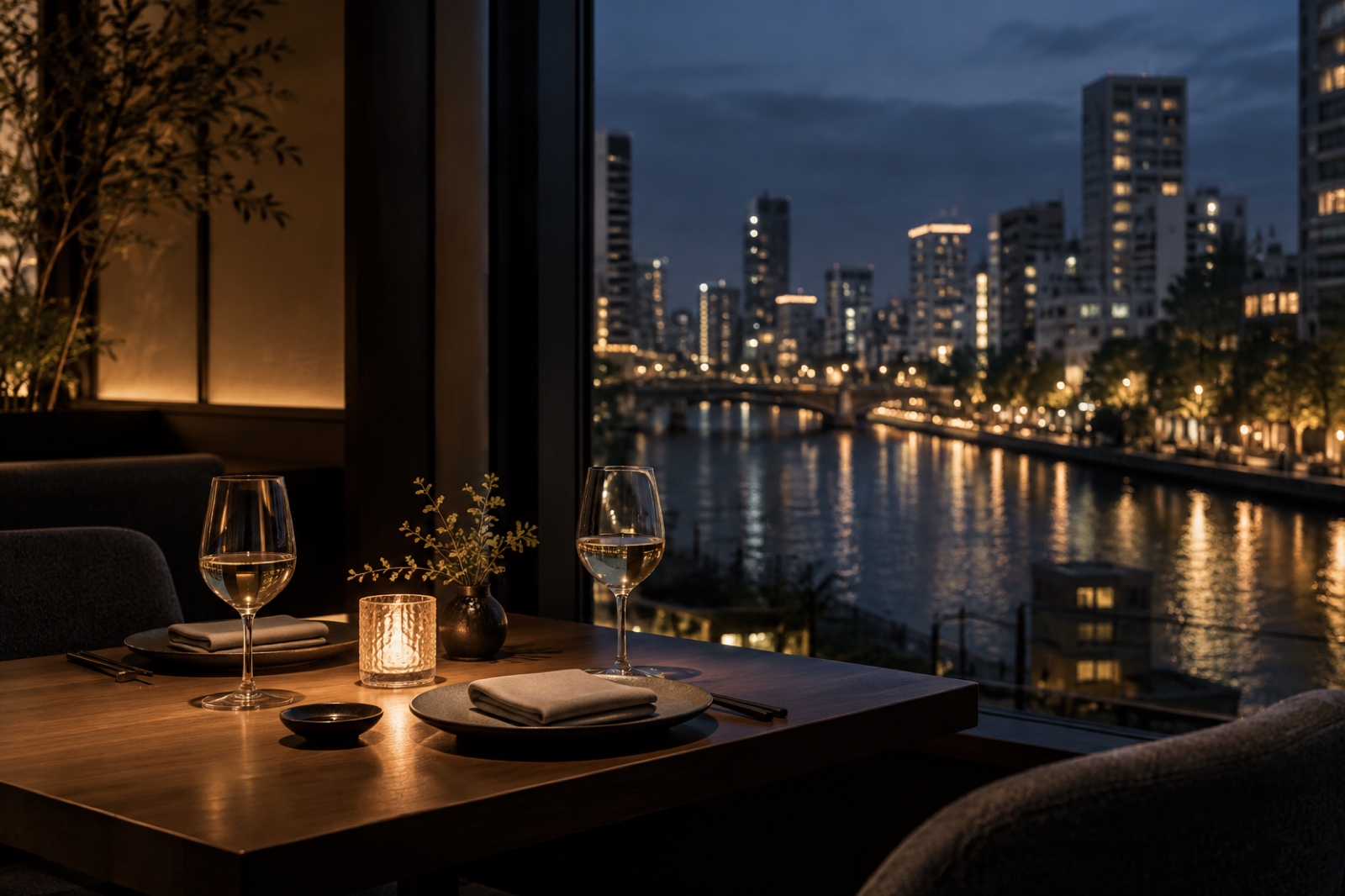 夜景の見える大阪の川沿いレストランのテーブルセッティング